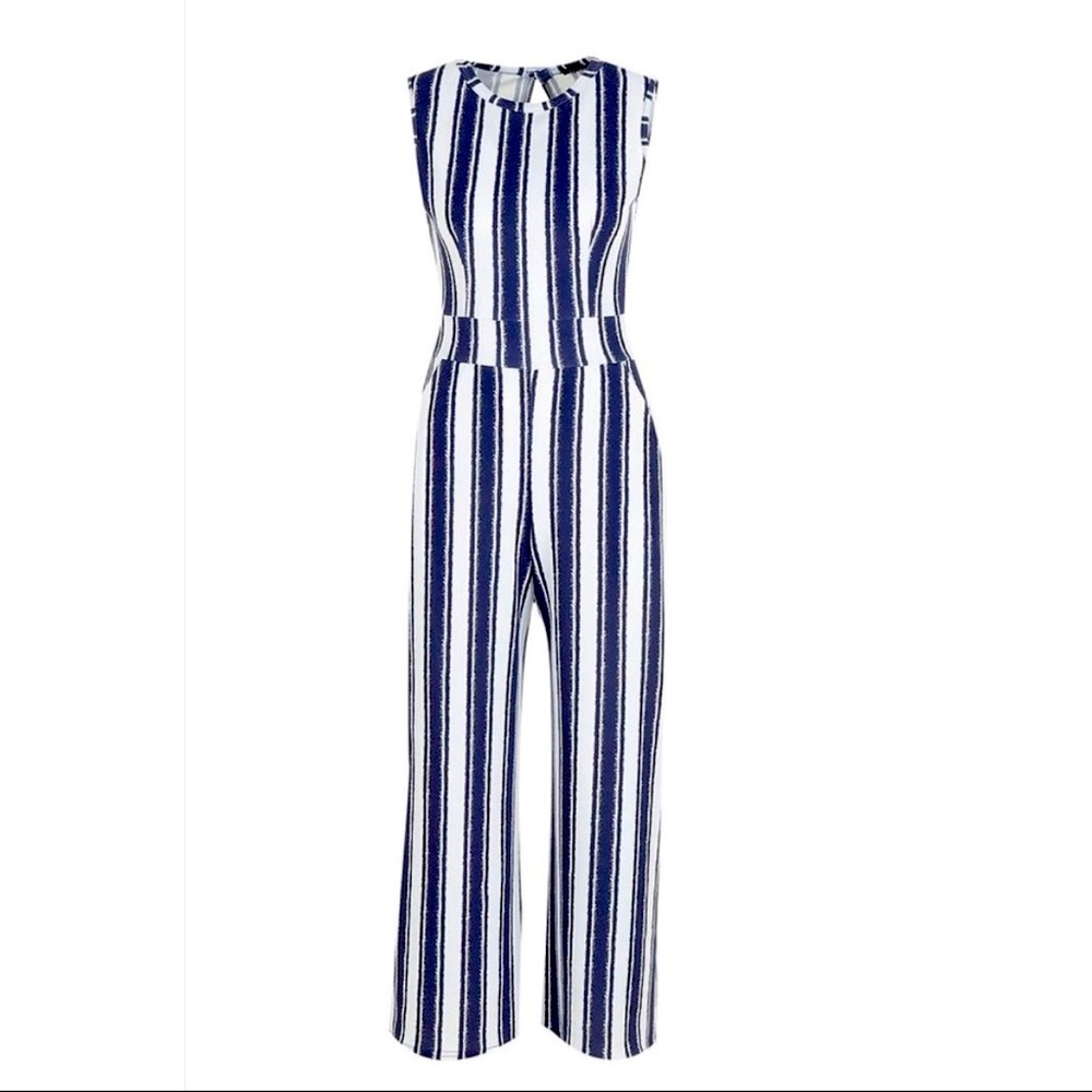 Navy Blue And White Striped Ankle Length Sleeveless Romper